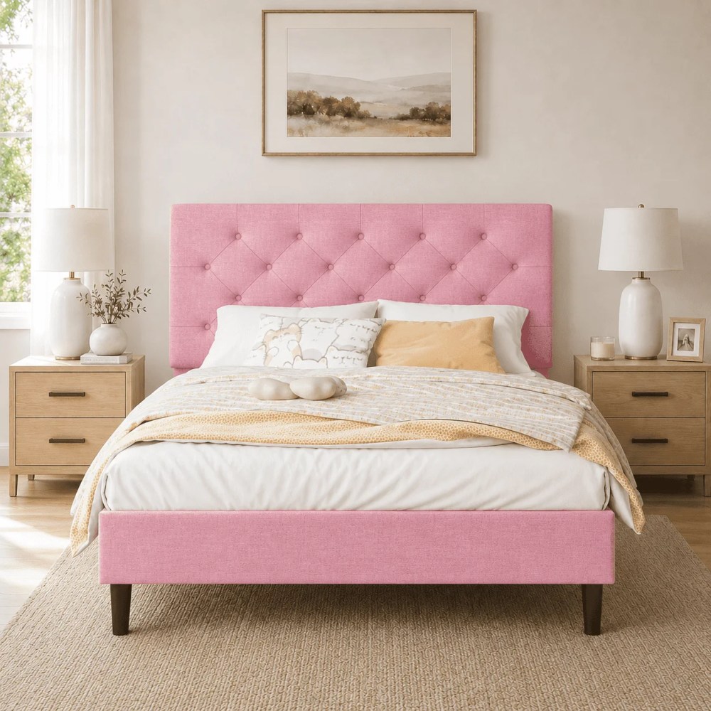 4 Ever Winner Adjustable Twin Bed Frame,Pink Upholstered with Tufted Headboard forbedroom