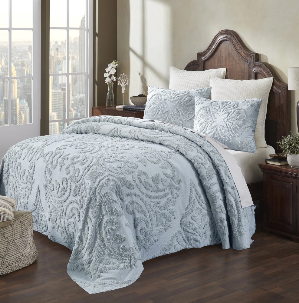 Better Trends 3 Piece Full/Double Bedspread Set 100 Cotton Tufted Floral Vineyard Pattern Soft & Luxurious Feel, Machine Washable (Blue) Rylee Collection - Image 4