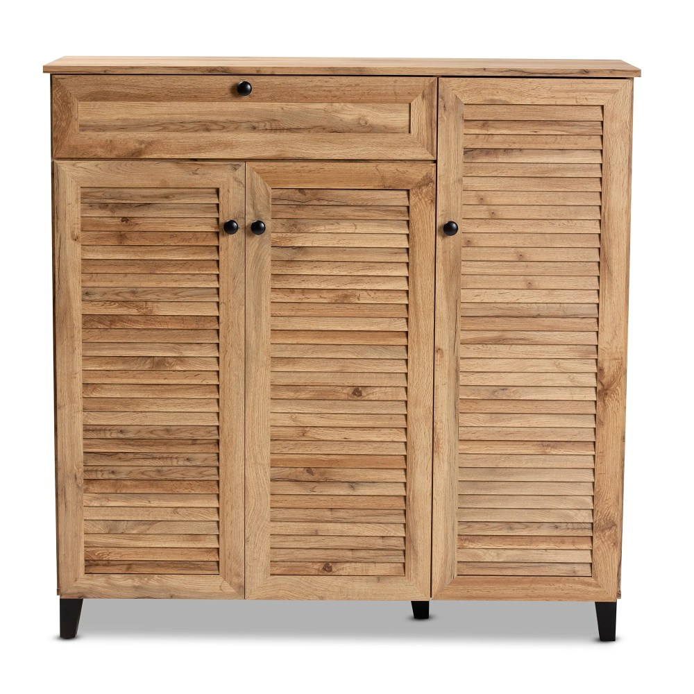 Baxton Studio Coolidge Modern and Contemporary Oak Brown Finished Wood 3-Door Shoe Storage Cabinet with Drawer - Image 7