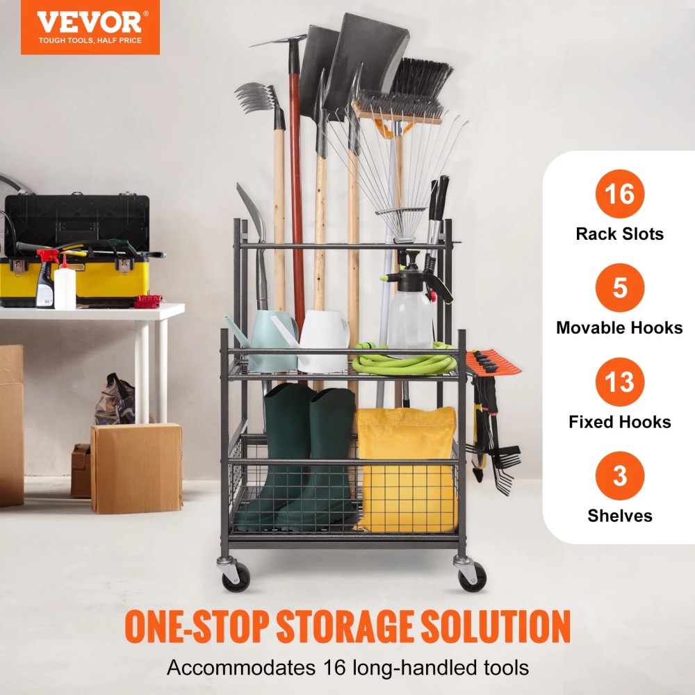 KFFKFF Garden Tool Storage Rack with Wheels Garage Organizer 16 Slots with Hooks - Image 7