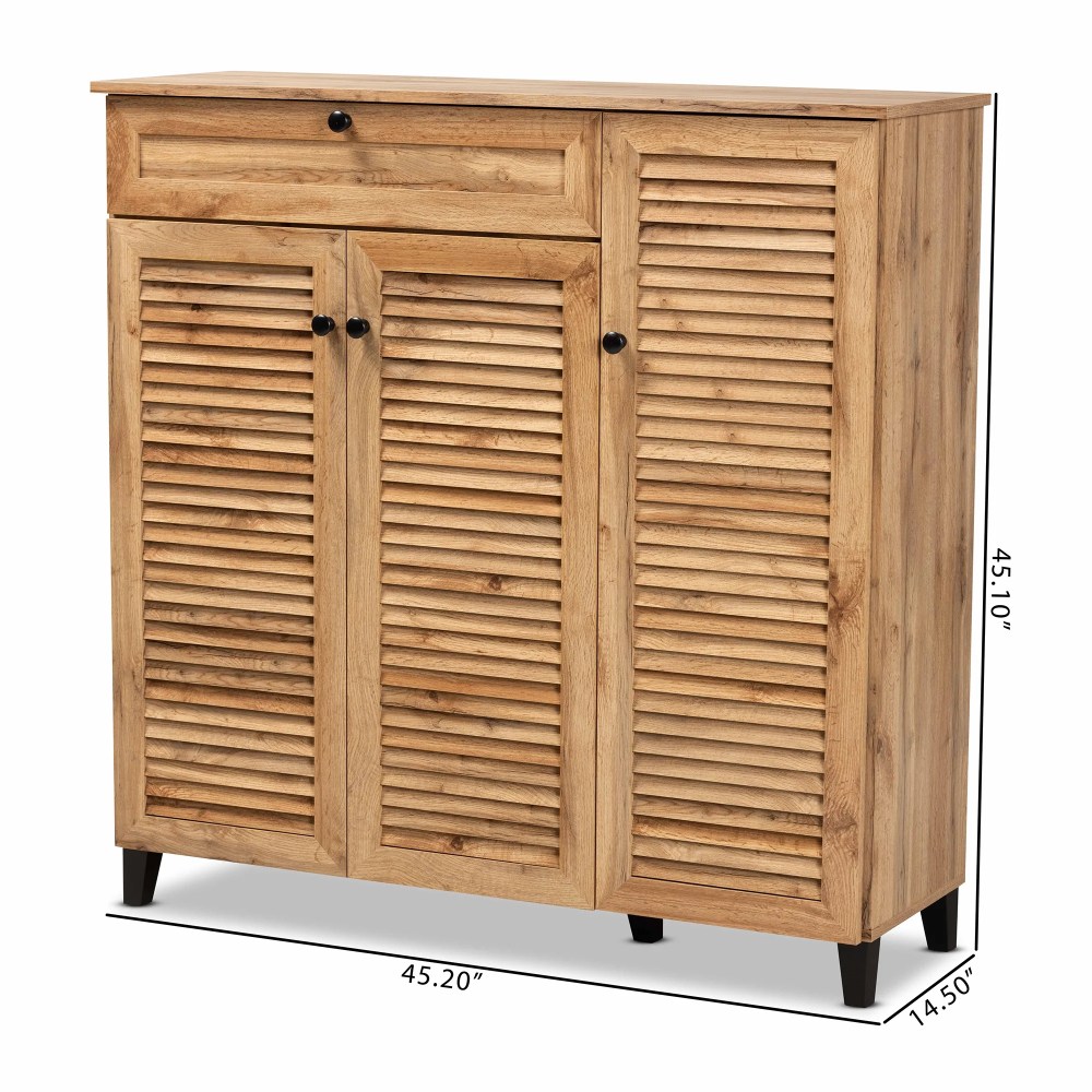 Baxton Studio Coolidge Modern and Contemporary Oak Brown Finished Wood 3-Door Shoe Storage Cabinet with Drawer - Image 12