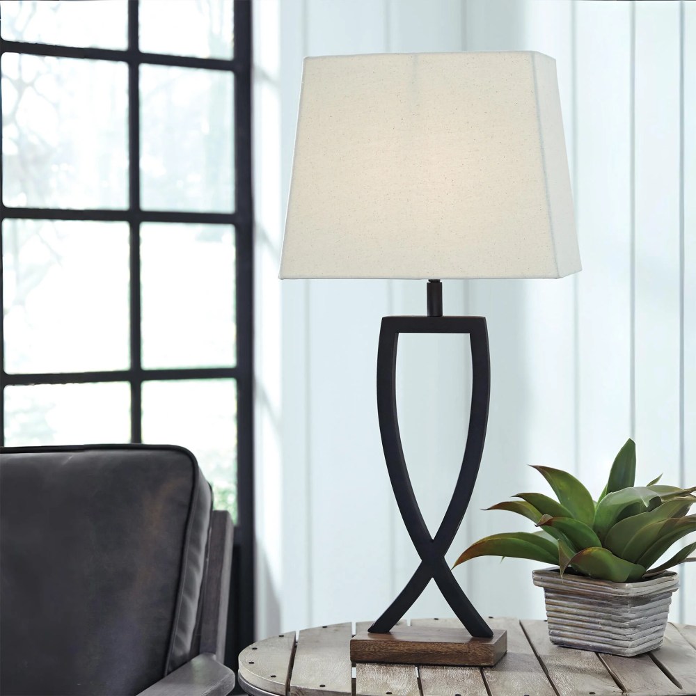 Signature Design by Ashley Makara Metal Table Lamp Set (2), Black/Brown, Modern Lamps with Wood Base and Rectangular Shade - Image 6
