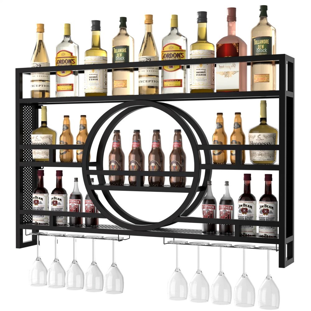 Wine Rack Wall Mounted Floating 3-Tiers Bar Shelves with Wine Glass Holder Hanging Industrial Liquor Shelf Wall-Mounted Wine Racks Cabinets for Home Bar No Assembly Required 39in