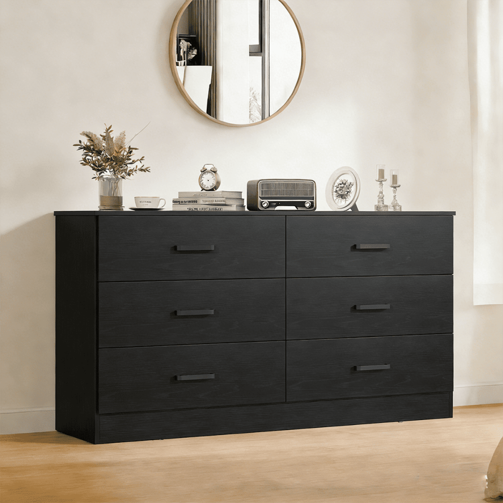 Winkalon Black Dresser for Bedroom,6 Drawer Dresser Chest of Drawers,Wood Dressers for Closet,Wide Modern Dressers for Living Room,Hallway,Entryway,TV Stand,Black