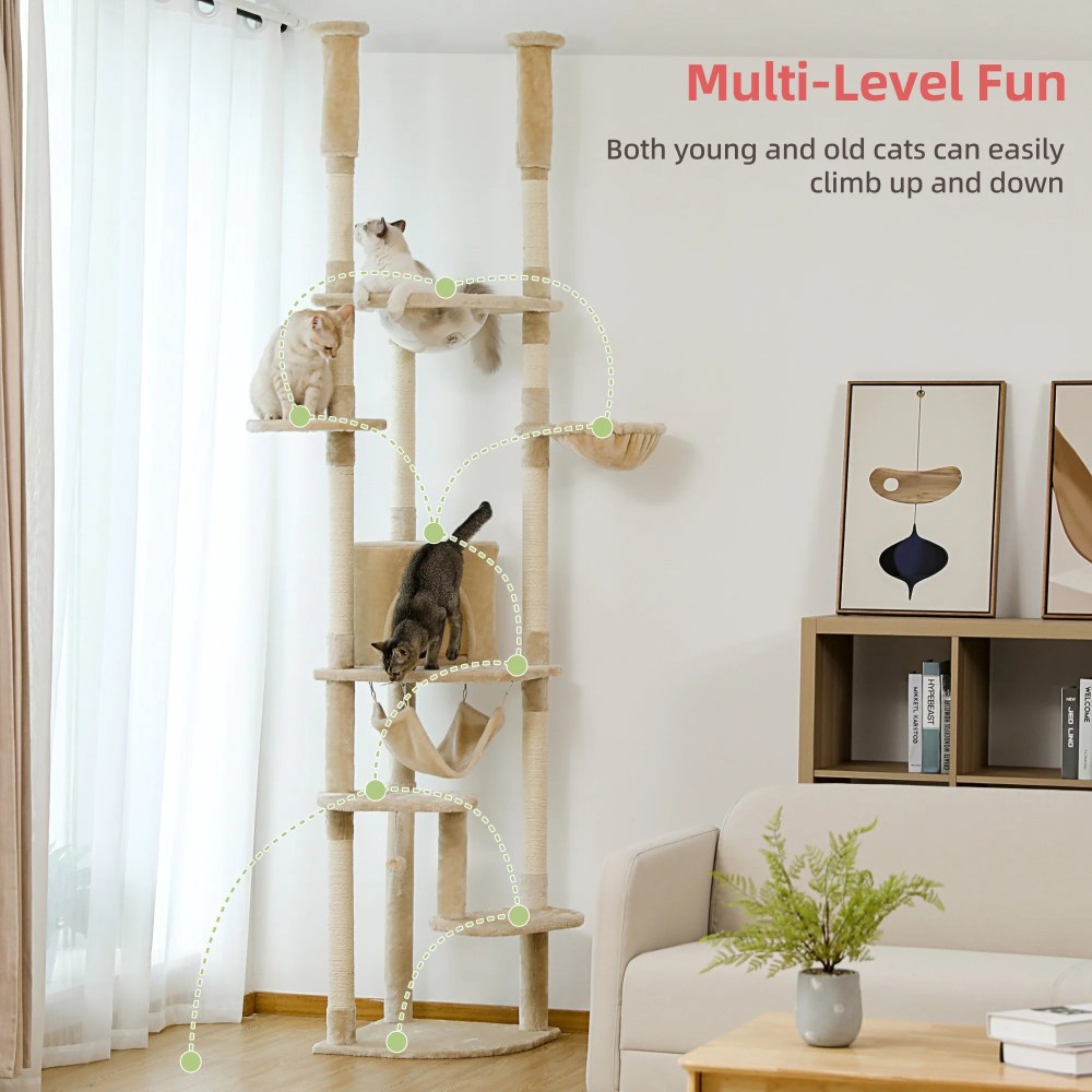 Demi Bonn Floor to Ceiling Cat Tree for Indoor 92"-101" Height Adjustable Cat Tower, Kitty Climbing Play House with Cozy Cat Condo, Perches and Hammock, Beige - Image 5
