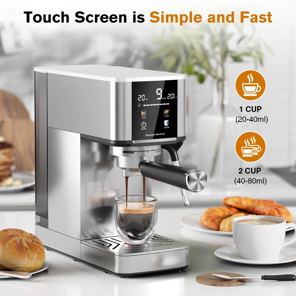 Auseo 20 Bar Coffee Maker with Color Touchscreen,Espresso Machine with Milk Frother Steam Wand,1.4L Removable Water Tank,Capsules Compatible & Ground Coffee,Silver. - Image 2