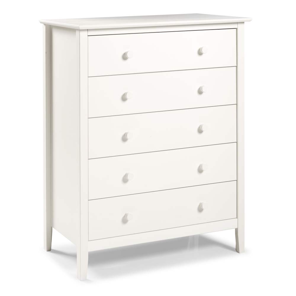 Alaterre Furniture Simplicity 5-Drawer Chest,Kids Bedroom Dresser,Anti-Tip Safety,Metal Glides,Wooden Knobs,Brazilian Pine and Veneers,White