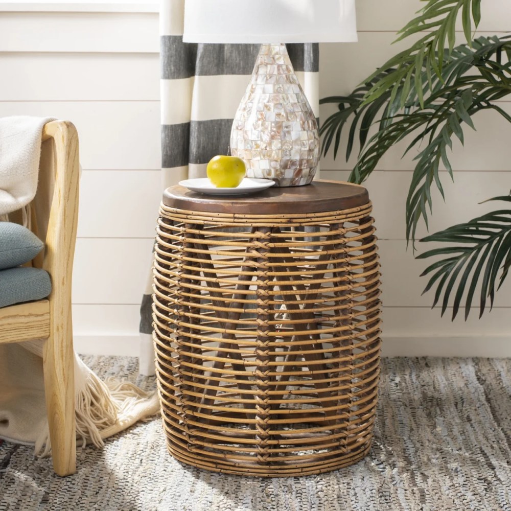 SAFAVIEH Maui Nautical Rattan Round Drum Stool Table,Honey Brown Wash