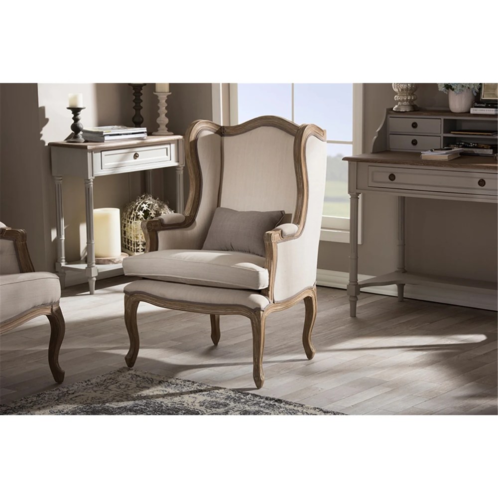 Baxton Studio Oreille French Provincial Style White Wash Distressed Two-tone Beige Upholstered Armchair - Image 5