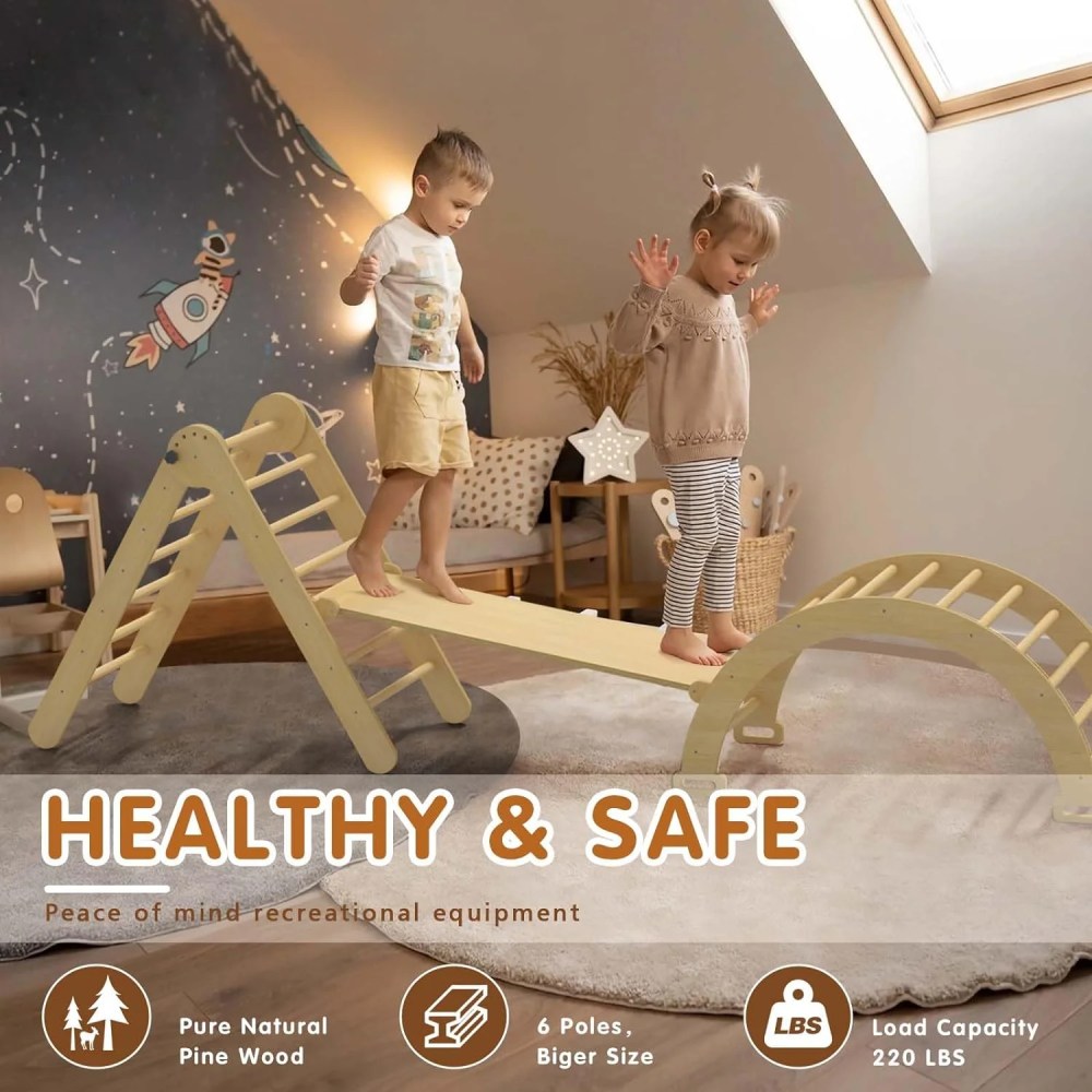 Odaof 5 in 1 Pikler Triangle Set, Baby Climbing Toys Indoor Playground, Foldable Montessori Toddler Climbing Toys with Sliding Ramp & Climbing Arch Ramp, Jungle Gym for Kids, Primary - Image 4