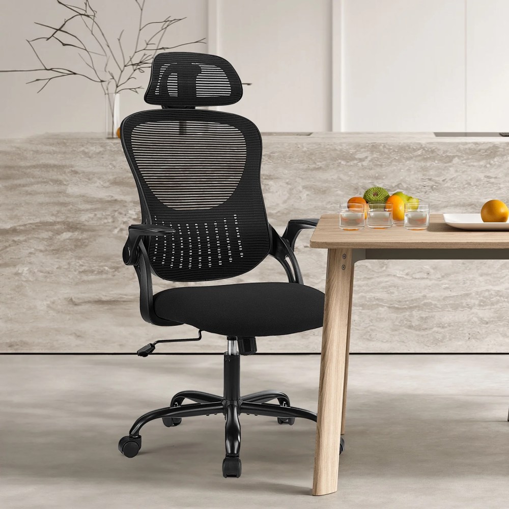 JIOABL Ergonomic Mesh Office Chair with Adjustable Lumbar Support,Flip-up Armrests,and Headrest for Customized Comfort-Black