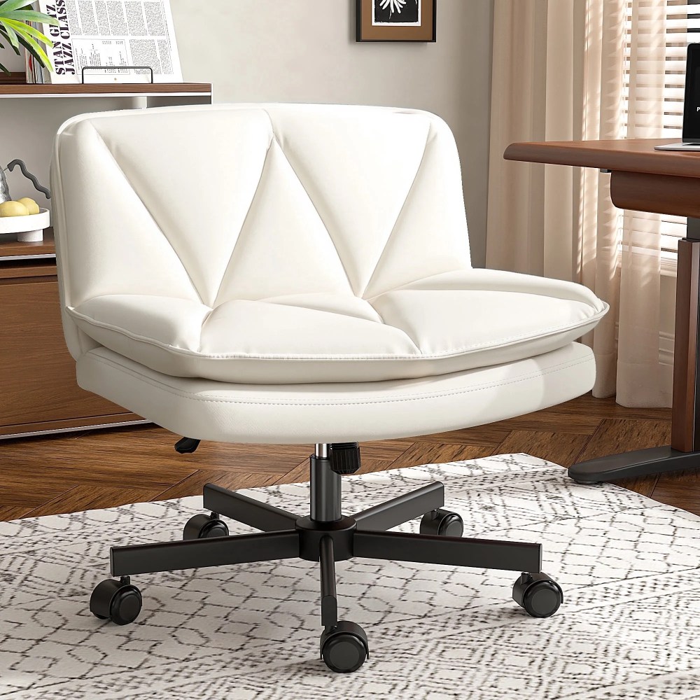 EnHomee 27" W Chair Criss Cross Legged Office Chair Armless Adjustable Desk Chair with Wheels,Wide Seat,and 2-Layer Cushions,Beige