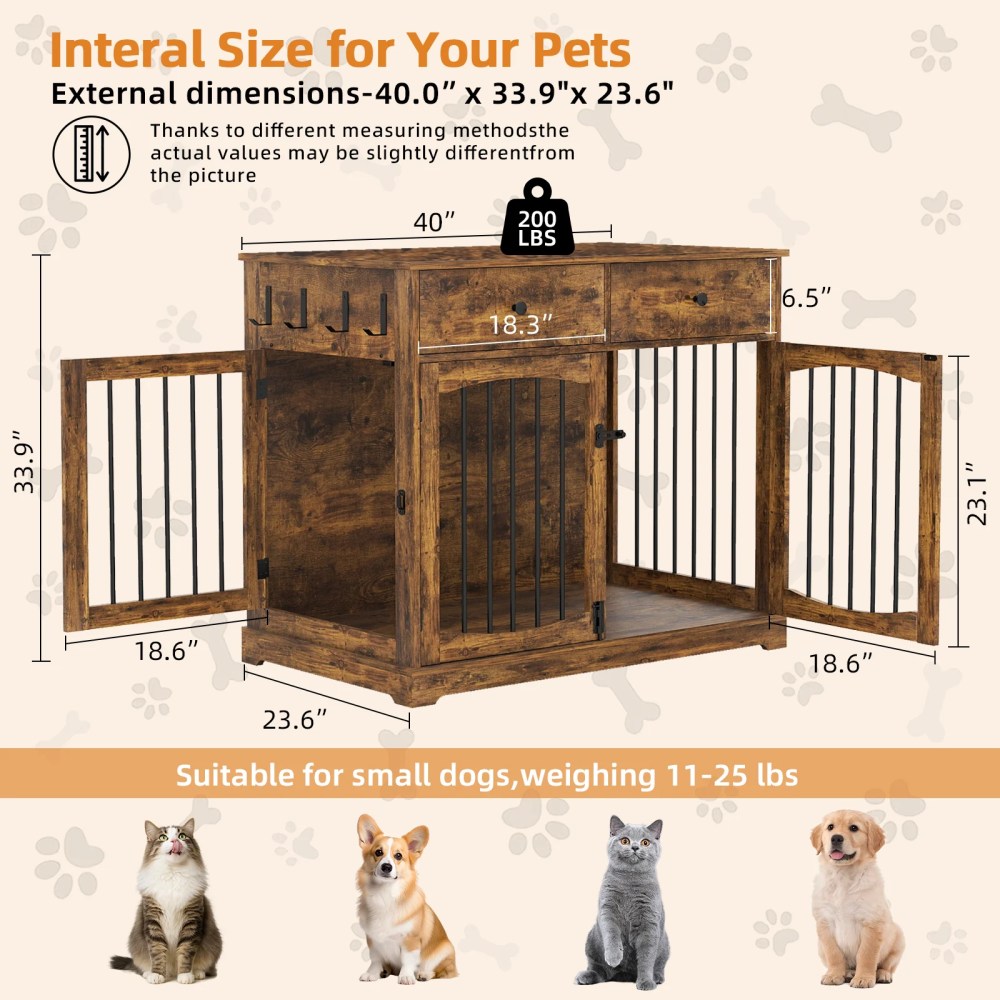 Flictozena 40 Inch Dog Crate Furniture - House Style Wooden Pet Kennel with 2 Doors for Indoor Large Dogs, Brown - Image 5
