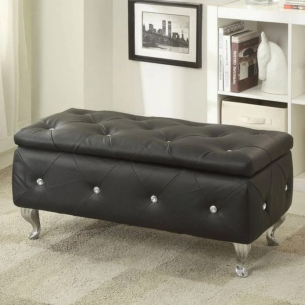 AC Pacific Crystal Tufted Faux Leather Storage Bench,Black - Image 4