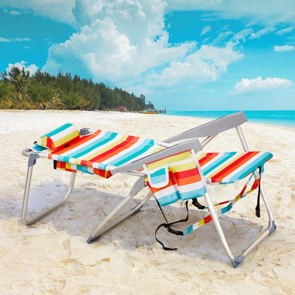 24.8x27.56x38.98in Heightened Oxford Cloth Aluminum Beach Chair (Rainbow Stripes),5-Position Adjustable Back with Lay Flat,Side Cup Holder & Back Pouch,220lbs Capacity,for Camping Picnic Sports - Image 2