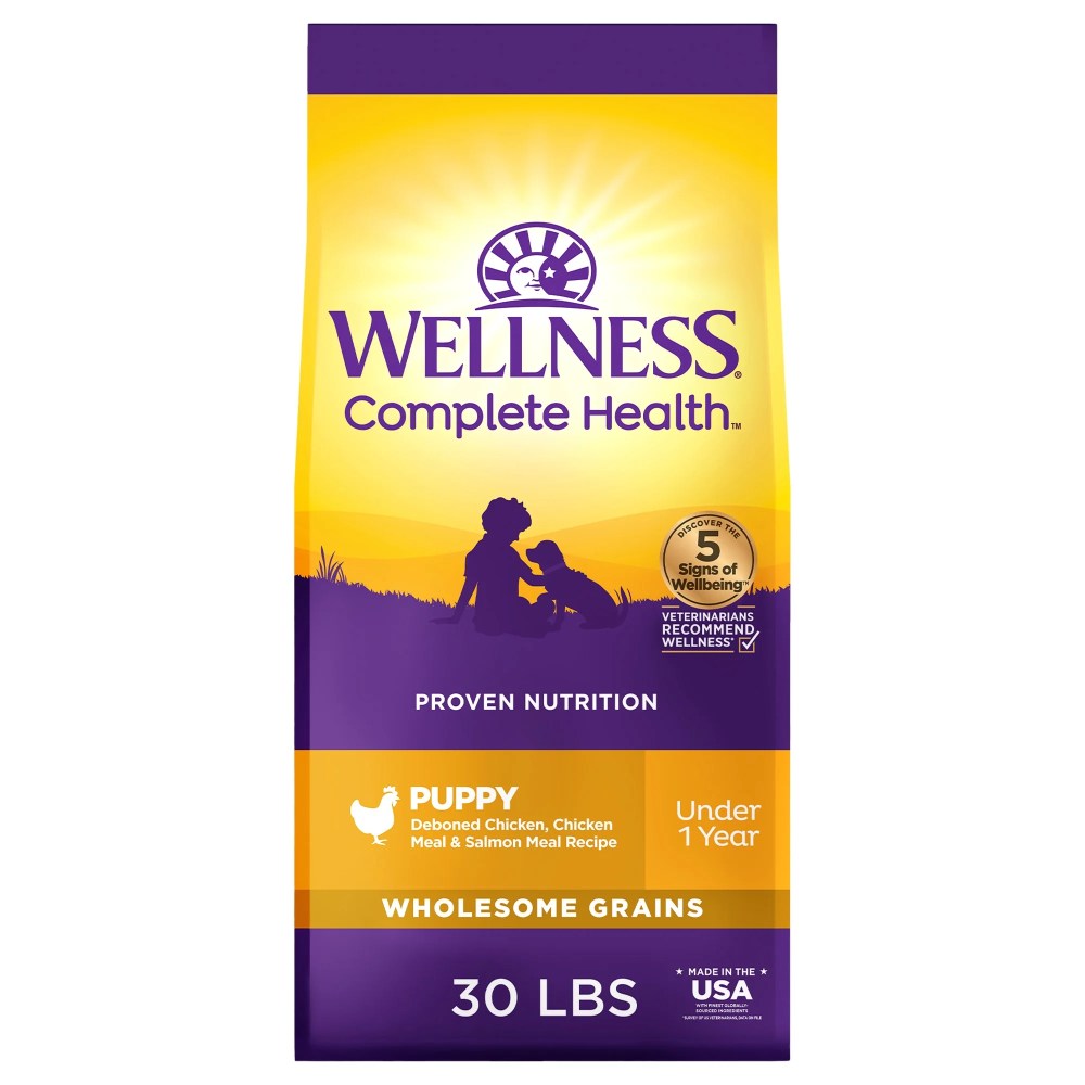 Wellness Complete Health Puppy Dry Dog Food, Wholesome Grains, Natural, Chicken, Oatmeal, & Salmon Recipe, (30-Pound Bag)