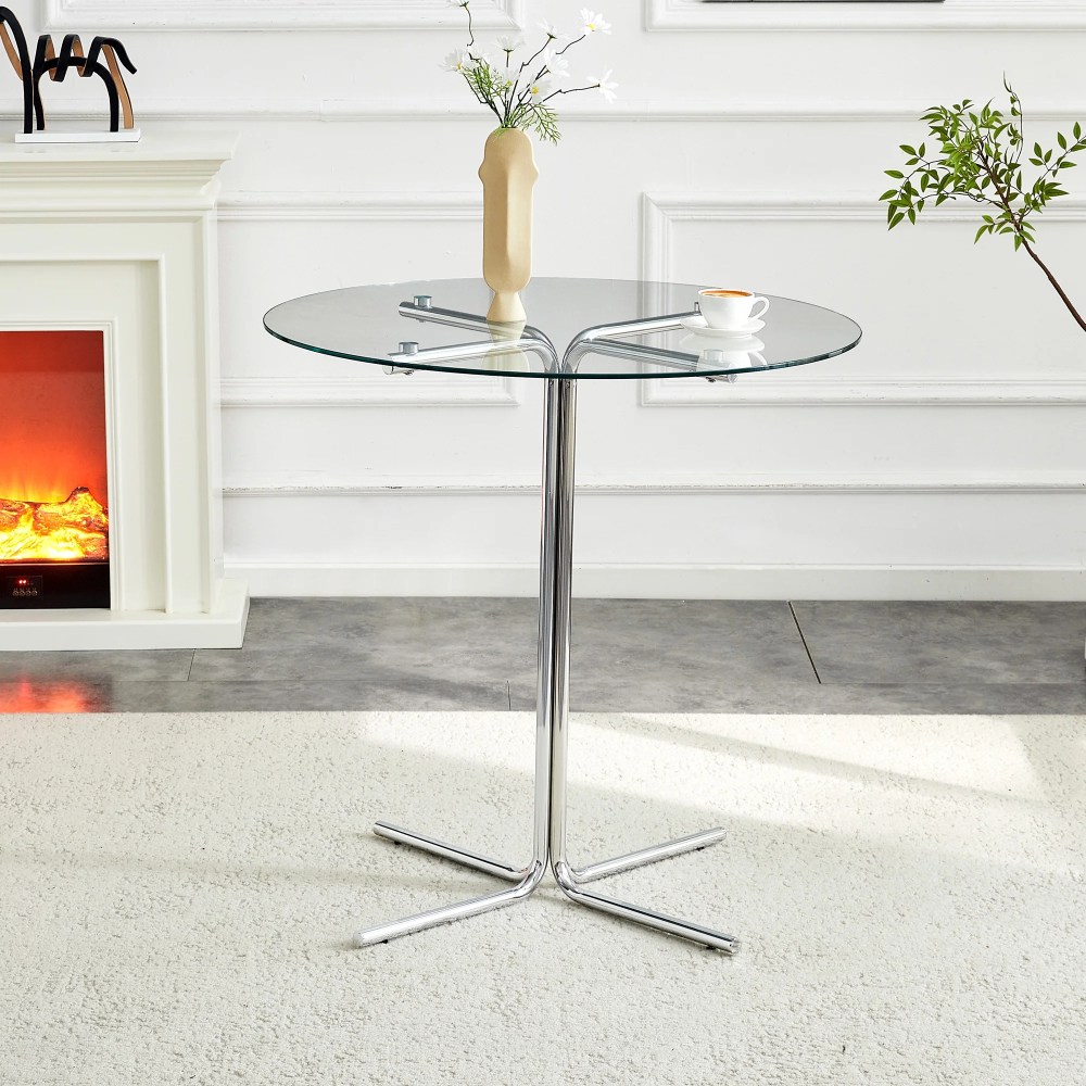 36 Inch Compact Glass Round Glass Bar Dining Table with Tempered Glass Top Sturdy Silver Chrome Four-Claw Base for Kitchen Home Bar Small Spaces