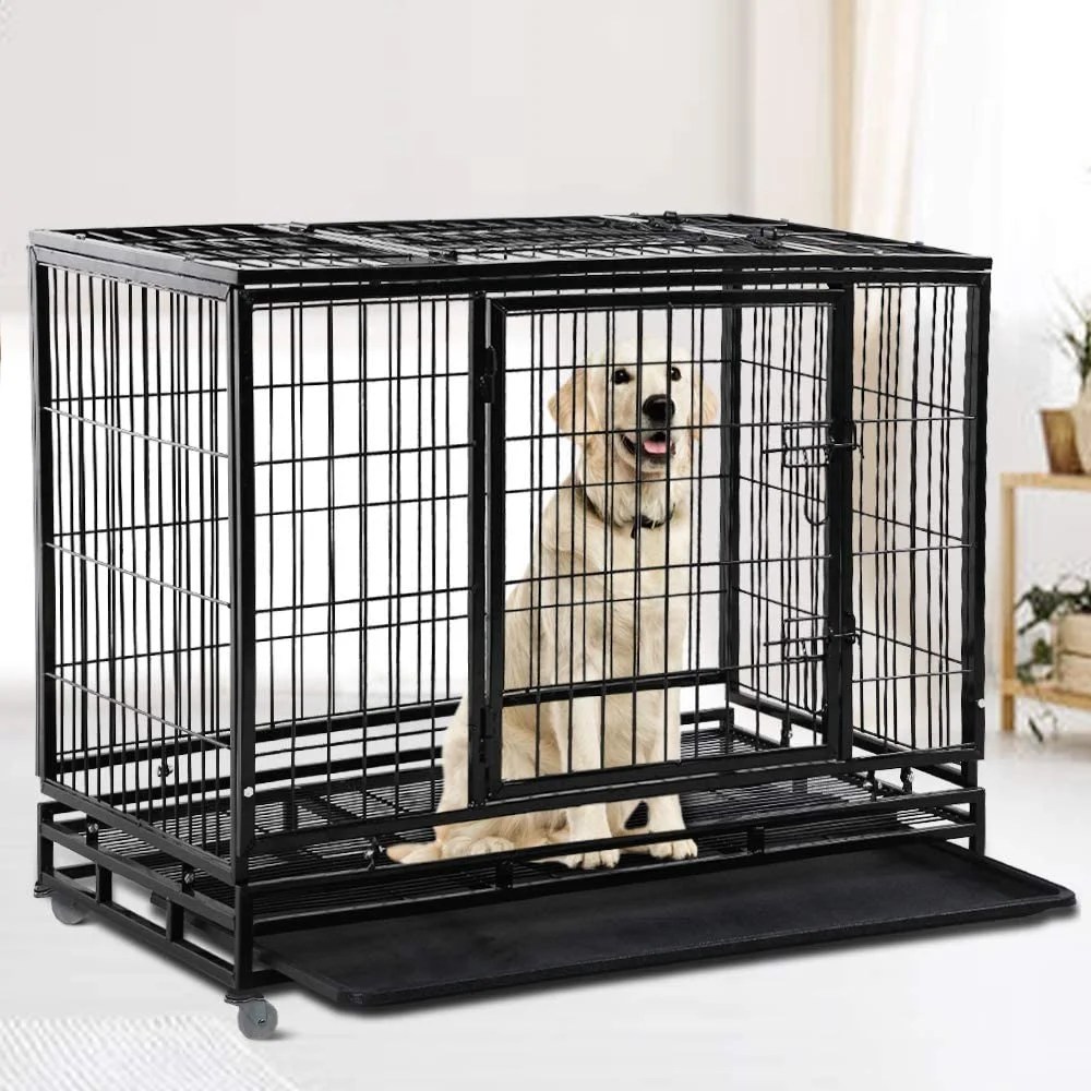 CL.HPAHKL 48inch Heavy Duty Dog Crate,  Metal Dog Kennel Double Door Dog Cage with Plastic Tray and Lockable Wheels,  Extra Large Crate for Large Dog Indoor Outdoor Travel