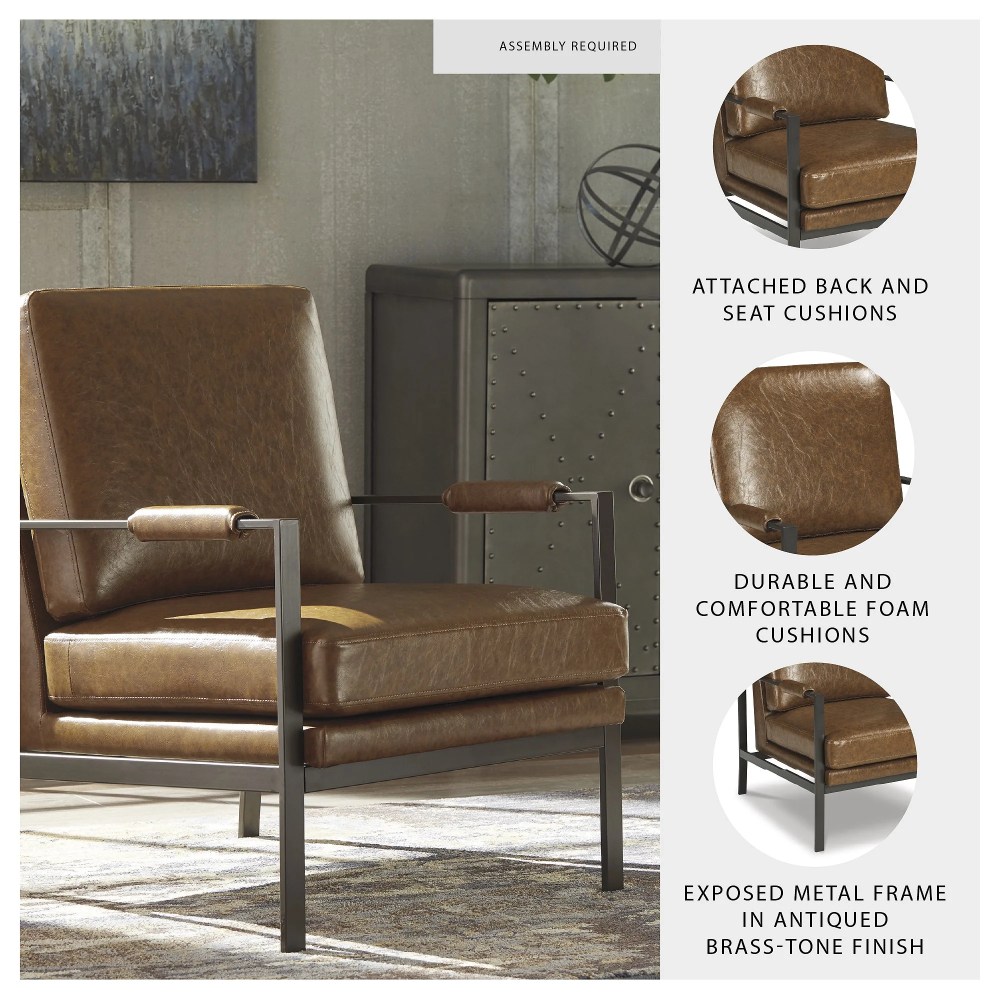 Signature Design by Ashley Peacemaker Accent Chair,Brown Faux Leather Upholstered Modern Metal Frame Armchair - Image 3