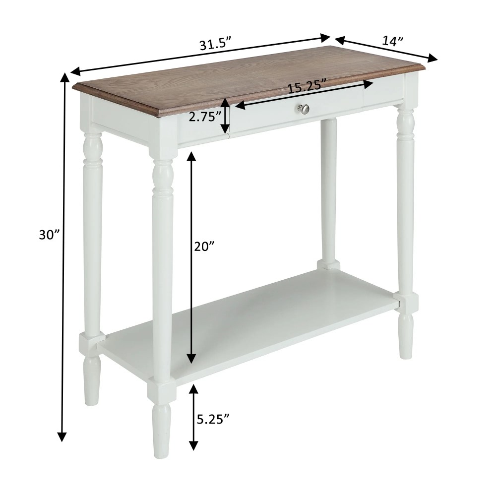 French Country Hall Table with Drawer and Shelf in Driftwood and White Wood - Image 4