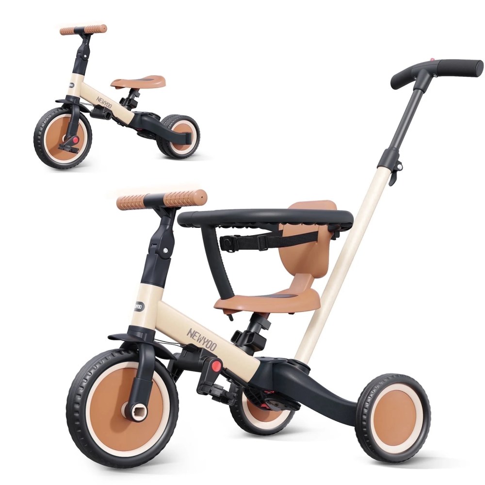 newyoo TR008 5-in-1 Toddler Tricycle with Push Handle,  Converts to Balance Bike for 1-3 Year Old,  Khaki