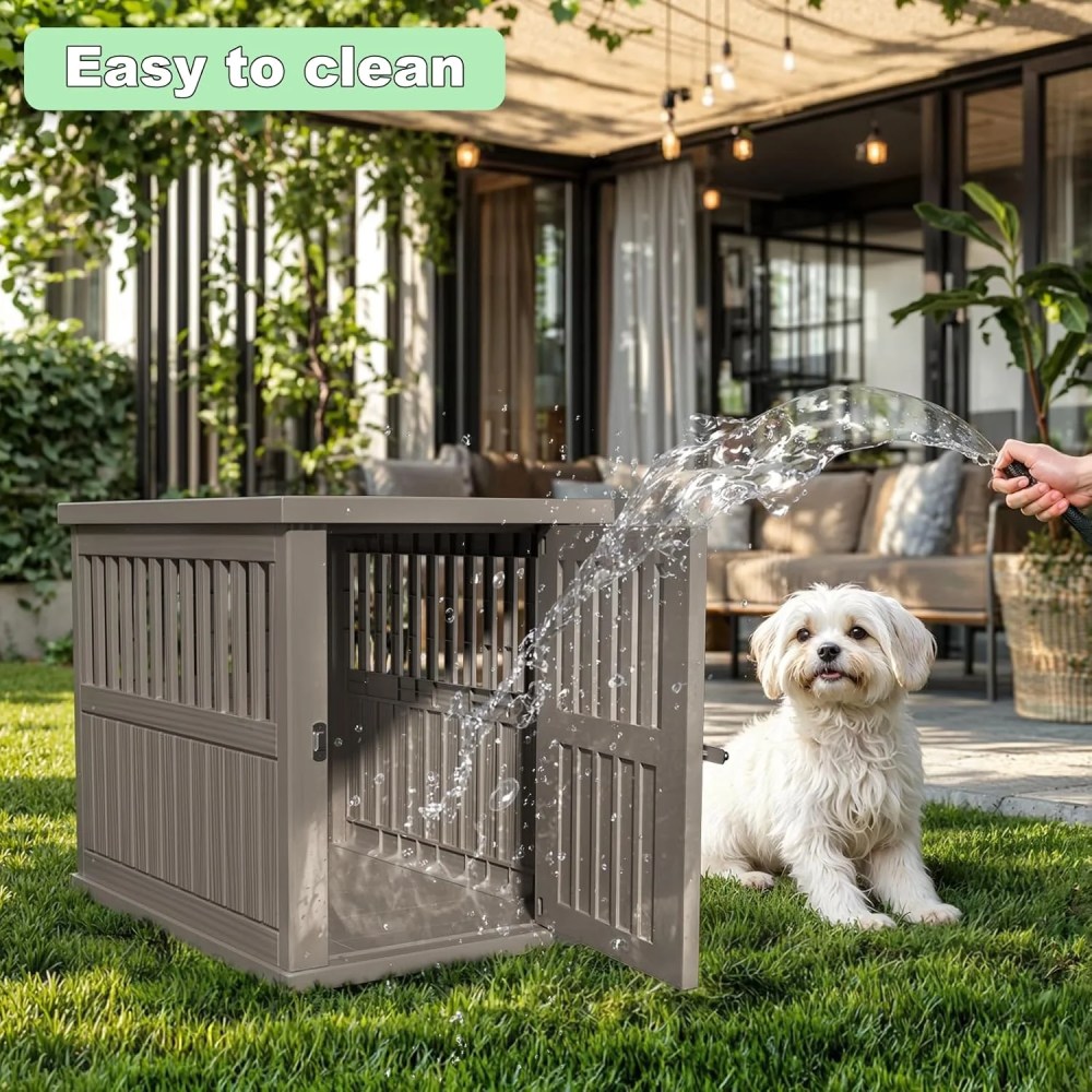 30x21x25in Heavy-Duty Resin Dog Crate for Large Dogs-Weatherproof, Ventilated, Lockable Door Indoor/Outdoor Portable Kennel (Light Coffee) - Image 2