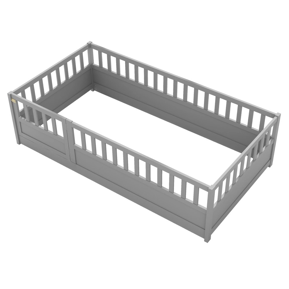 Euroco Twin Wood Floor Bed with Fence and Door, Low Wood Bed for Toddle Kids Teens, Gray - Image 7