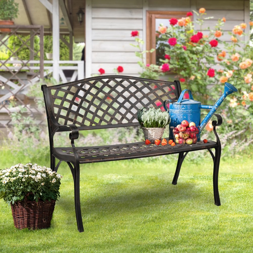 VINGLI 40.5" Patio Garden Bench, Anti- Rust Cast Iron Cast Aluminum Frame for Outdoor Path Yard Lawn Work Entryway Decor Deck,Bronze - Image 8