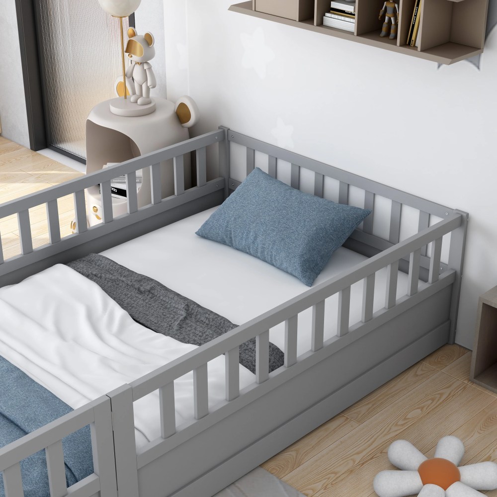 Euroco Twin Wood Floor Bed with Fence and Door, Low Wood Bed for Toddle Kids Teens, Gray - Image 9