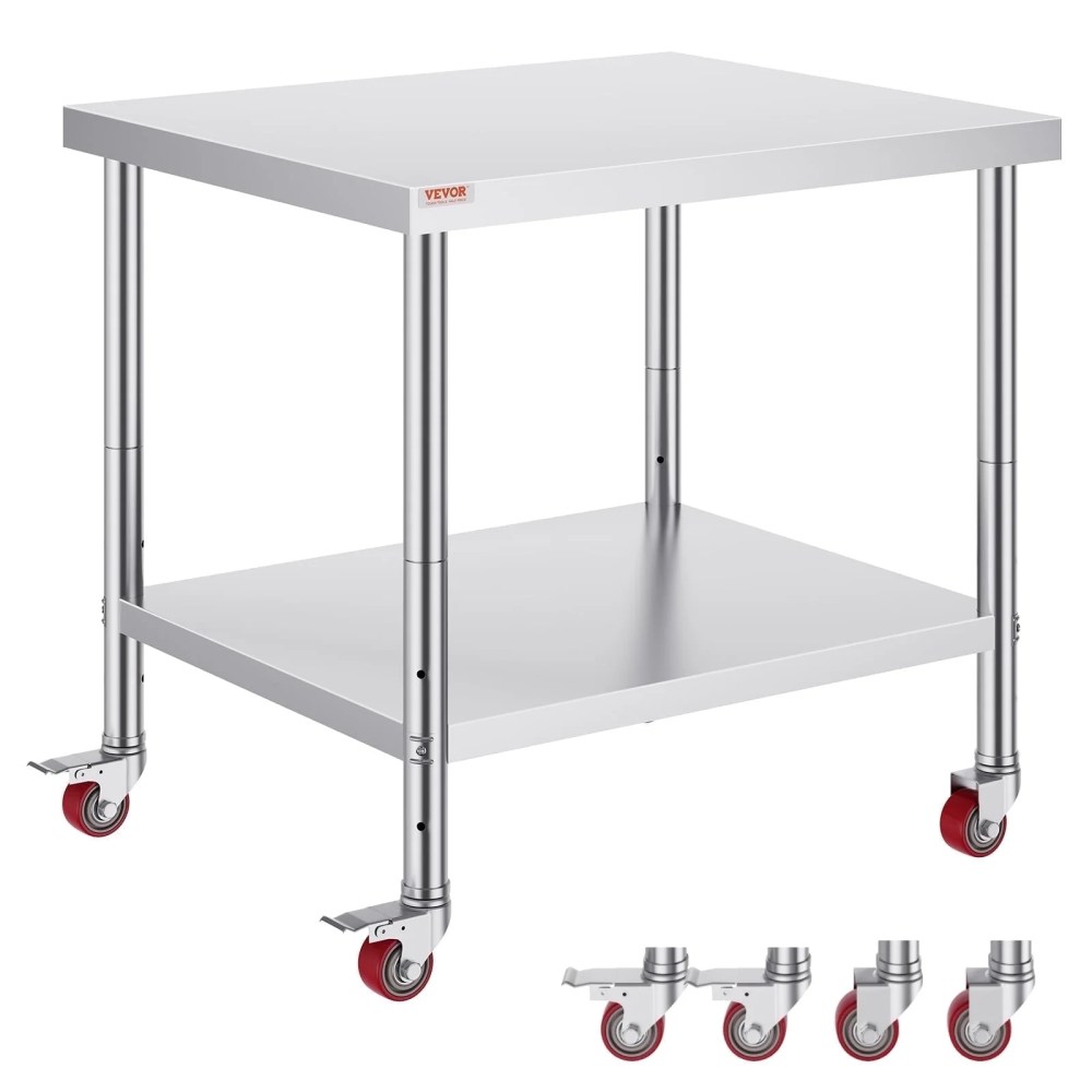 VEVOR Stainless Steel Work Table 36 x 30 x 34 Inch,400 LBS Load Capacity with 4 Wheels,3 Adjustable Height Levels,Heavy Duty Food Prep Worktable for Commercial Kitchen Restaurant,Silver
