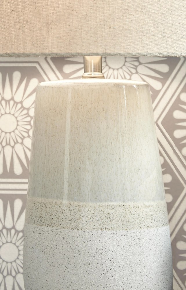 Signature Design by Ashley Shavon Ceramic Table Lamp, Beige/White, Coastal Drum Shade Lamp with 3-Way Switch - Image 2