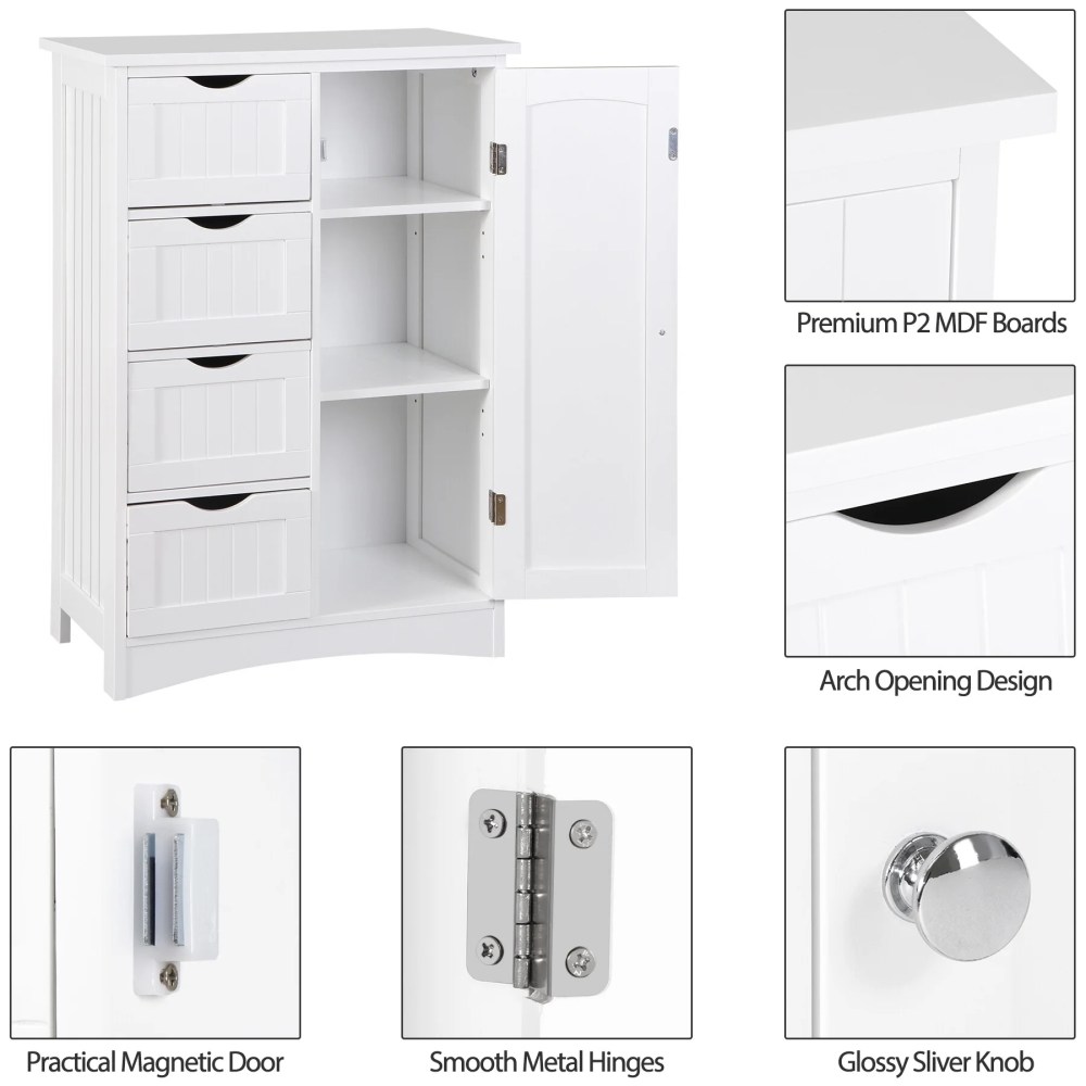 ZENSTYLE Bathroom Floor Cabinet Kitchen Organization 4 Drawers W/3 Tiers Side Space,White - Image 4