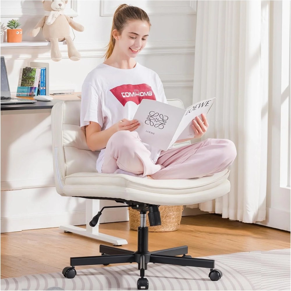 COMHOMA Armless Office Desk Chair,Criss Cross Chair with Wheels,PU Leather Padded Cross Legged Office Chair,Wide Seat Adult Vanity Chair for Home Office ,Beige