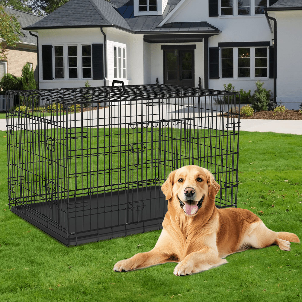 Dkelincs 48 inch Large Dog Crate Portable Foldable Dog Cage with 2 Doors,  Handle,  Plastic Tray,  XXL Dog Kennel for Medium Large Puppy,  Black