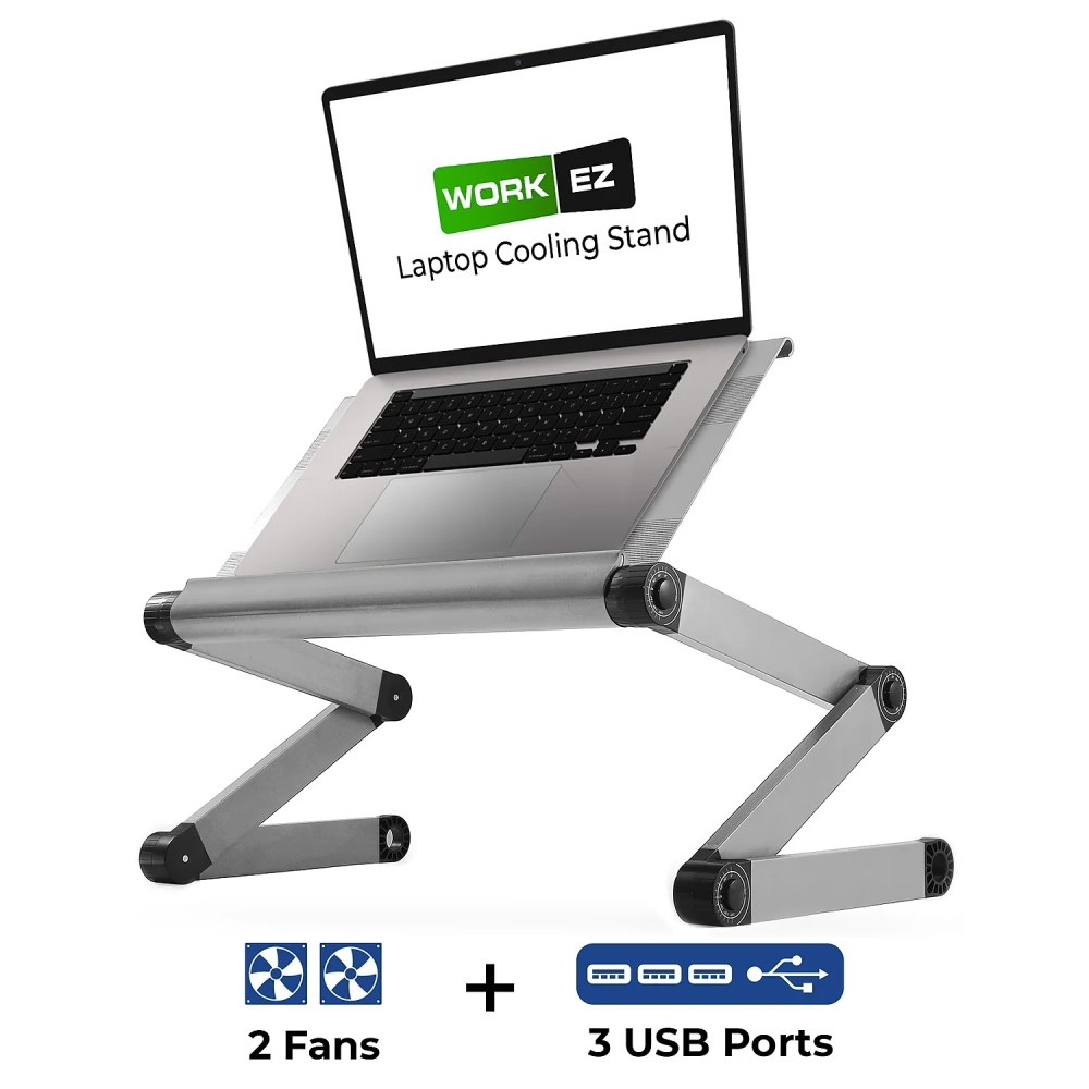 Adjustable Laptop Cooling Stand with Dual Fans & USB Ports-WorkEZ Executive Foldable Aluminum Laptop Desk for Bed, Couch & Office, Ergonomic Riser for Laptops up to 17" - Image 4