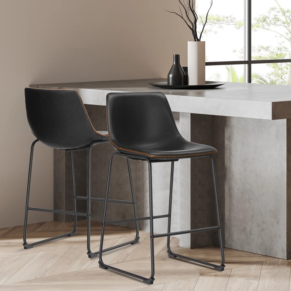 JIOABL Counter Height Bar Stools Set of 2,Faux Leather 26 inch High Barstools with Back and Metal Leg,for Home Kitchen Office,Black