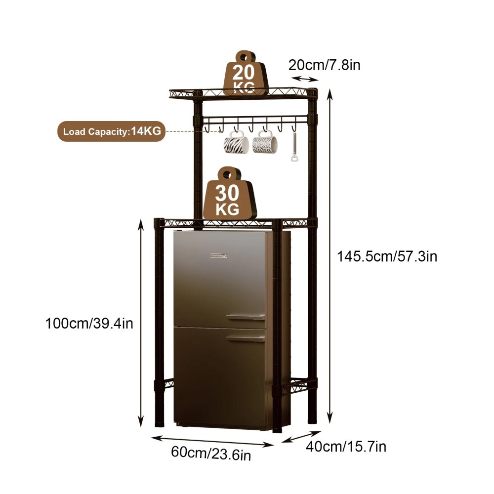 2-Tier Mini Fridge Storage Shelf Mini Fridge & Microwave Stand,Adjustable Metal Organizer Storage Rack with 7Hooks,Multifunctional Bakers Rack Coffee Bar Table for Kitchen Office Dorms Bedroom - Image 8