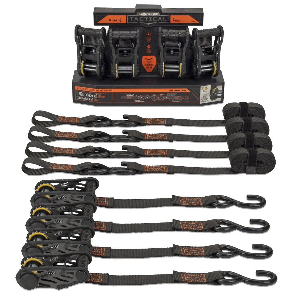 SmartStraps 1-1/4 in. x 14 ft. Orange Tactical Heavy Duty Ratchet Tie Down Straps,1, 000 lb. Safe Work Load - 4 Pack