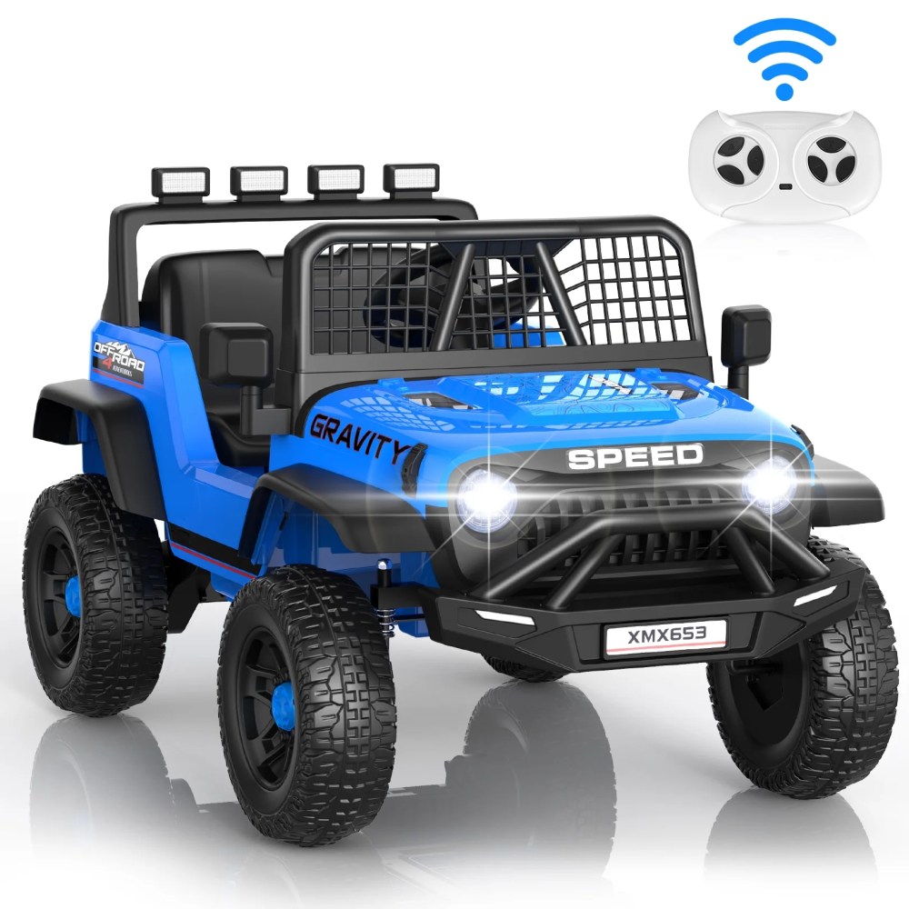 Funcid 12 Volt Ride on Toys for Toddlers Ride on Cars with Remote Control, Battery Powered Ride on Truck Car w/ Bluetooth Music, LED Lights, Spring Suspension, 3 Speeds, Blue
