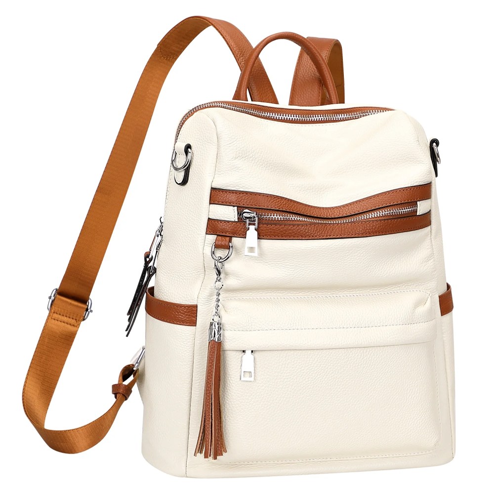 ALTOSY Genuine Leather Backpack Purse Elegant Convertible Shoulder Bag for Women S108 Beige/Brown - Image 4