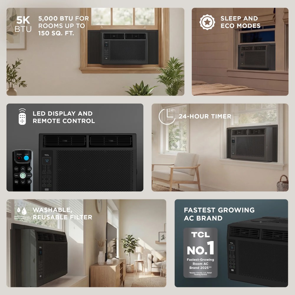 TCL 5, 000 BTU Window Air Conditioner (Black) - 150 Sq ft, LED Display, Included Remote, Compact, Dorm Friendly - W5W3M-B - Image 10