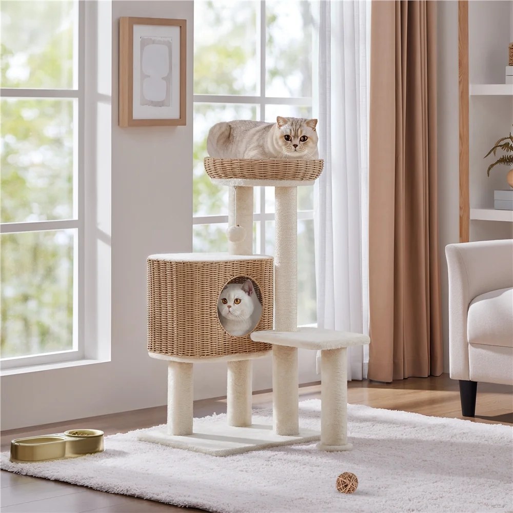 Yaheetech 35.8" Tall Rattan Cat Tree with Woven Condo and Nest, Beige - Image 5