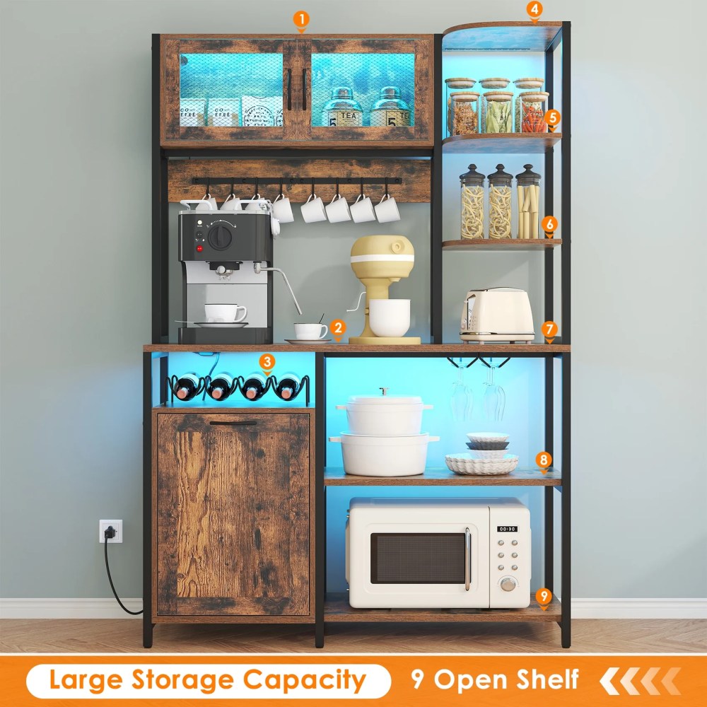 Winkalon 42.5" Wide Large Bakers Rack with Power Outlets,6 Tiers Coffee Bar Table with LED Light,8 Hooks,Microwave Stand Kitchen Storage Shelf,Rustic Brown - Image 6