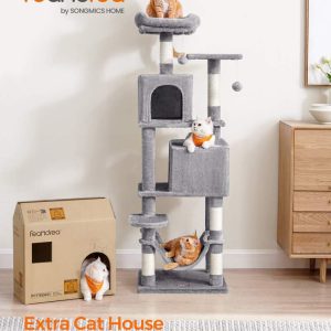 61"H Cat Tree Cat Tower for Indoor Cats, Plush Multi-Level Cat Condo with Scratching Posts, Perches, Caves, Hammock, Light Gray