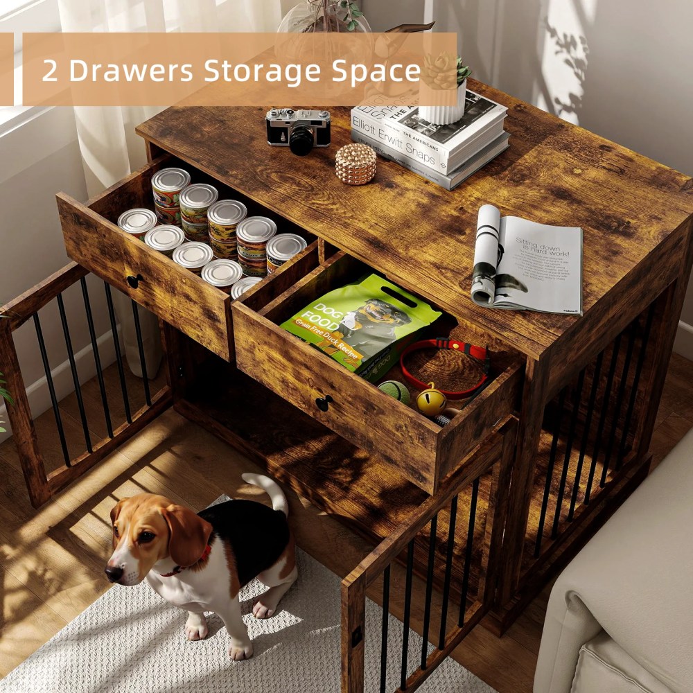Flictozena 40 Inch Dog Crate Furniture - House Style Wooden Pet Kennel with 2 Doors for Indoor Large Dogs, Brown - Image 7