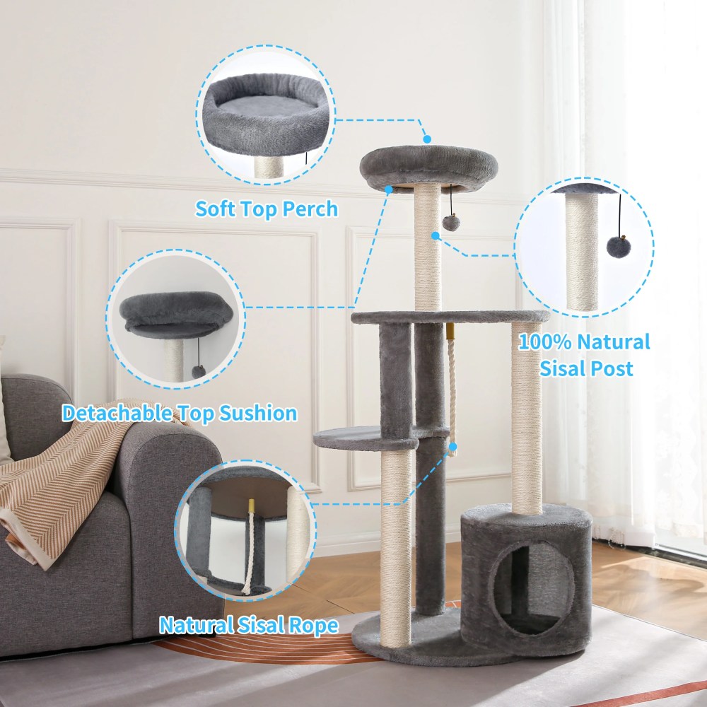 Vibrant Life Cat Tree, 47" Multi-Level Cat Tower with Scratching Posts and Large Platform, Gray - Image 2