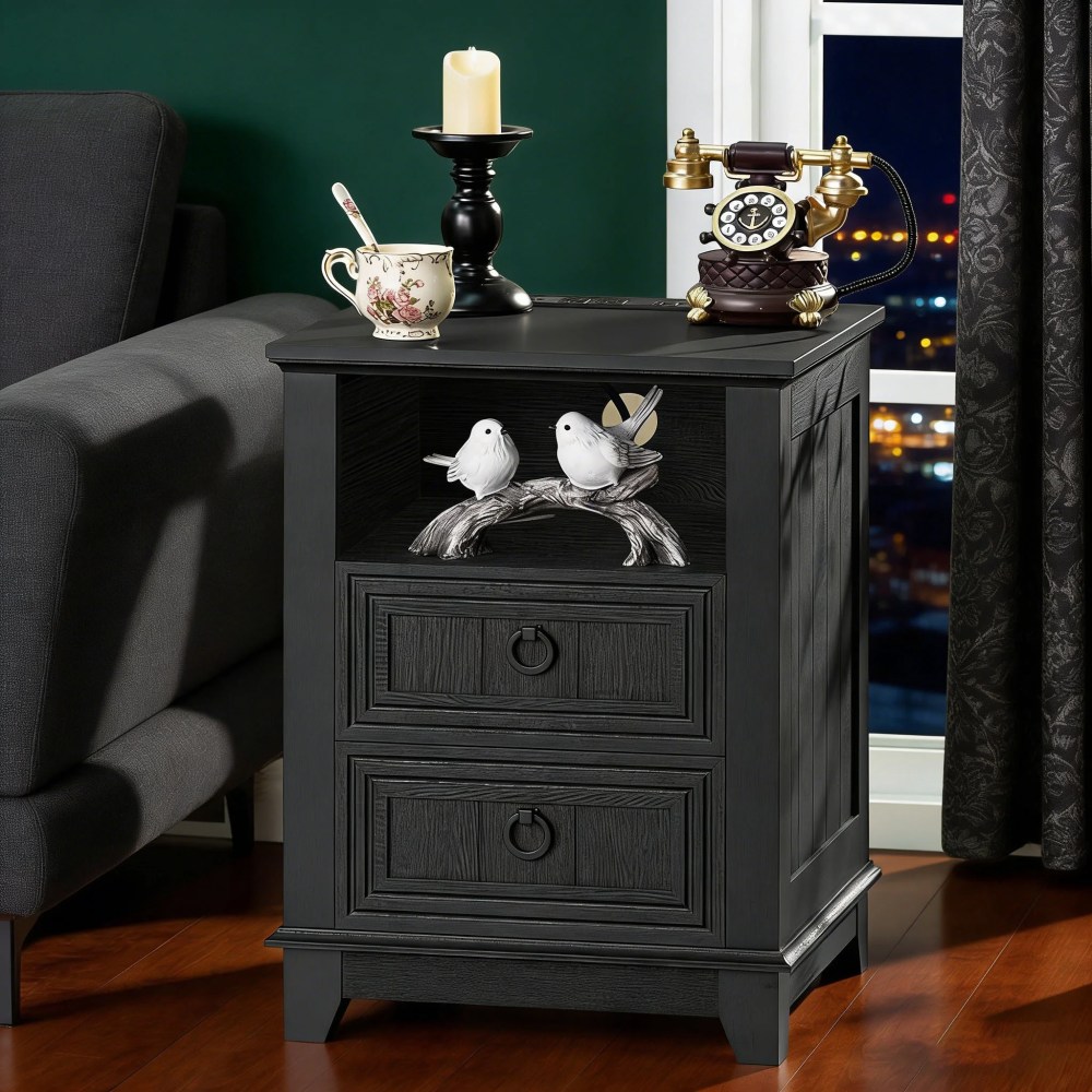 Joaxswe Nightstands with Charging Station,Farmhouse Rustic Bedside Tables with 2 Drawers & Open Shelf for Bedroom,Living Room,Adult End Table Black