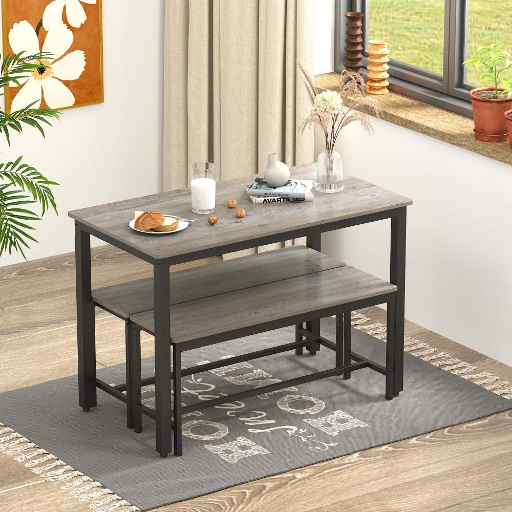 Aukfa 43.3" Dining Table Set for 4, Rectangular Kitchen Table W/ 2 Benches for Small Space,Gray - Image 3