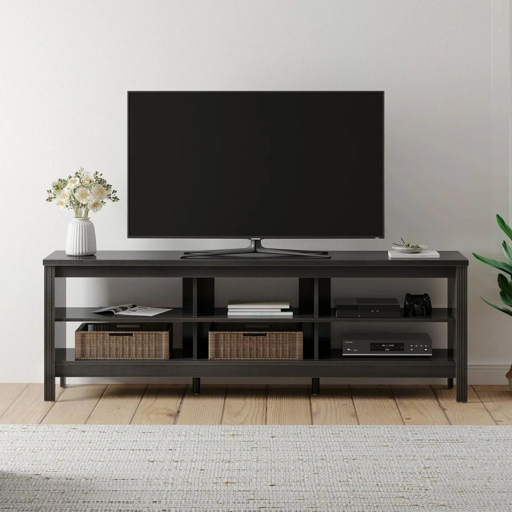 WAMPAT Black TV Stand for 75 Inch TV Entertainment Center,Wood TV Table with 3 Open Shelves for Living Room,70 inch