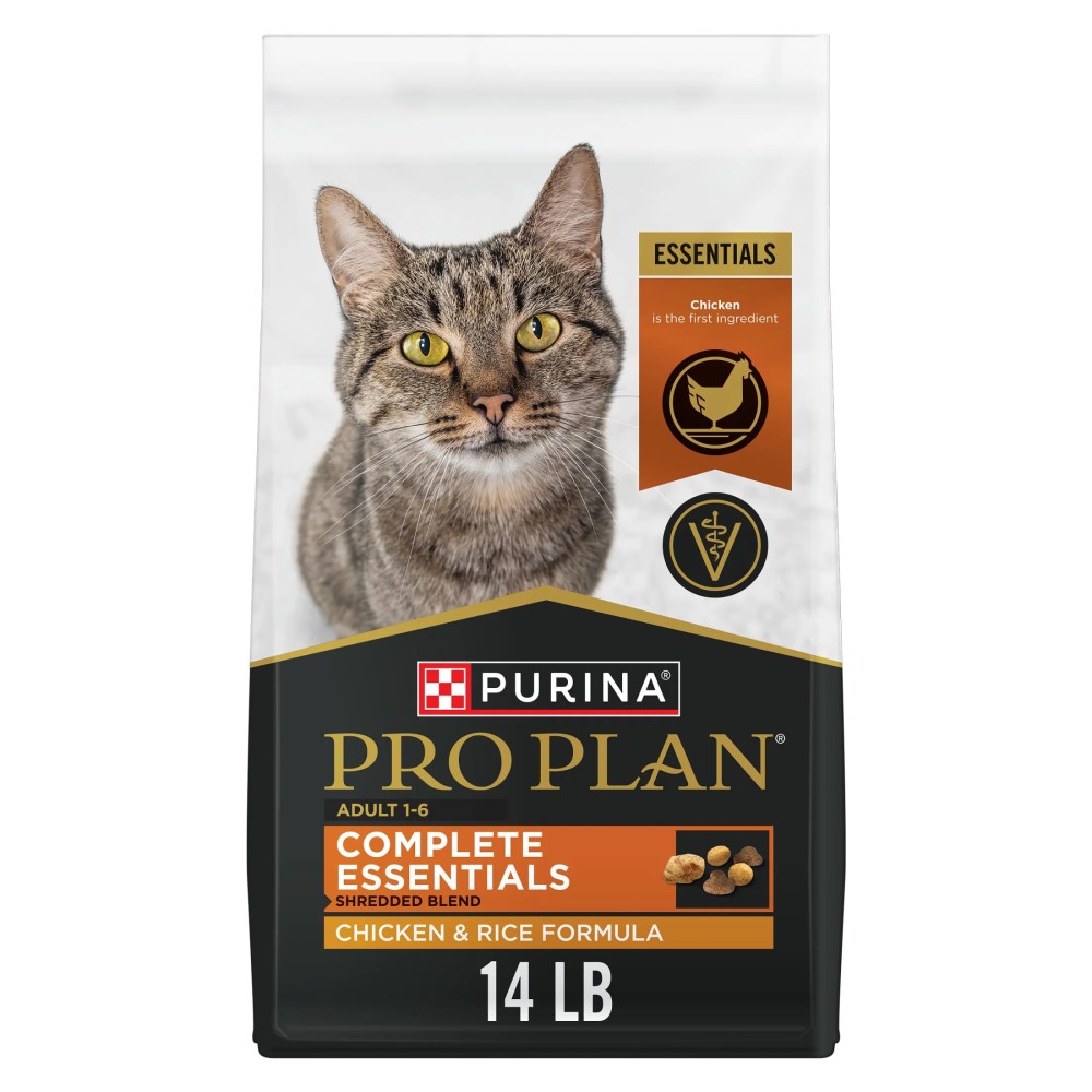 Purina Pro Plan Complete Essentials Shredded Blend Chicken and Rice Formula Adult High-Protein Dry Cat Food, 14 lb.
